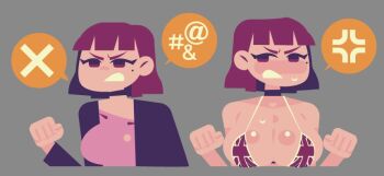 1girl amelia_(pathways) anger_vein bikini blunt_bangs blush bob_cut breasts censored_profanity choker cleavage clenched_hands cropped_torso grey_background large_breasts micro_bikini mole mole_under_eye official_style parody pathways_(game) purple_hair shioinu_kemushi simple_background spoken_anger_vein spoken_x sweat swimsuit union_jack_bikini