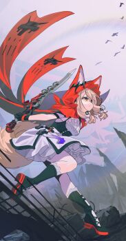 1girl animal_ears arknights arknights:_endfield bird black_boots black_gloves blonde_hair boots brown_eyes cape closed_mouth dress ears_through_headwear female_focus full_body gloves holding holding_sword holding_weapon hood hood_up hooded_cape low-tied_sidelocks mio-muo1206 outdoors red_cape rossi_(arknights) sidelocks solo sword tail weapon white_dress wolf_ears wolf_girl wolf_tail