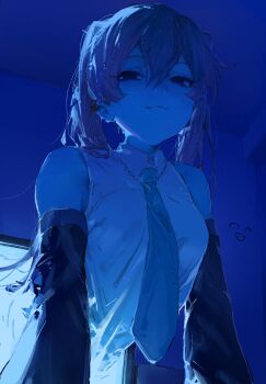 1girl :3 blue_theme breasts closed_mouth collared_shirt commentary_request detached_sleeves hair_between_eyes hatsune_miku highres le_(szs0k) long_hair looking_at_viewer medium_breasts monitor necktie shirt sleeveless sleeveless_shirt solo through_medium through_screen twintails upper_body vocaloid