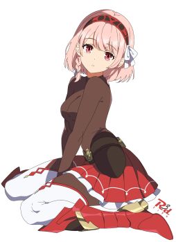 1girl :o armored_boots artist_logo artist_name belt between_legs bodystocking boots braid breasts brown_bodystocking commentary commission fire_emblem fire_emblem_engage from_side full_body hair_ribbon hand_between_own_legs headband highres knee_boots lapis_(fire_emblem) logo long_sleeves looking_at_viewer medium_breasts medium_hair nintendo no_armor parted_lips pink_eyes pink_hair pleated_skirt r3dfive red_boots red_skirt red_trim ribbon side_braid simple_background sitting skirt solo thighhighs thighhighs_over_bodystocking transparent_background vgen_commission wariza white_ribbon white_thighhighs