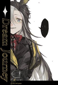 1girl animal_ears arm_behind_back belt black_belt black_coat black_hair blonde_hair character_name coat collared_shirt colored_inner_animal_ears commentary_request cum_in_gloves dream_journey_(reminder_of_dreamland)_(umamusume) dream_journey_(umamusume) highres horse_ears horse_girl long_hair long_sleeves multicolored_hair parted_lips puffy_sleeves red_shirt shirt simple_background smile solo speech_bubble twitter_username uma_motiyodor umamusume very_long_hair white_background white_hair