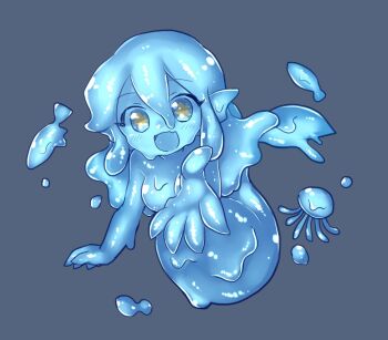 Rule 34 | 1girl, blue hair, blue skin, colored skin, highres, kai himo, looking at viewer, mermaid, monster girl, open mouth, original, smile, solo, yellow eyes