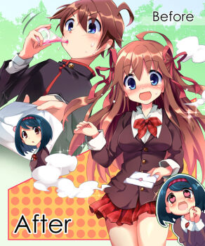 1boy 2girls :d ahoge before_and_after blue_hair blush bow bowtie brown_hair drooling genderswap genderswap_(mtf) hair_ribbon hairband heart heart-shaped_pupils kurimochi_chizuru letter long_hair love_letter medium_hair multiple_girls open_mouth original own_hands_together pleated_skirt potion red_bow red_bowtie red_skirt ribbon skirt smile sweat symbol-shaped_pupils transformation yuri
