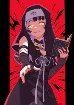 1girl absurdres arm_warmers belt black_arm_warmers black_belt black_border black_choker black_dress black_hair black_nails black_veil book border breasts choker cleavage commentary cowboy_shot dress grey_hair hand_up highres holding holding_book hololive hololive_english jewelry long_hair looking_at_viewer medium_breasts mikeemyk1 multicolored_hair nail_polish nun parted_lips pillarboxed red_background ribbon ring shiori_novella simple_background sleeveless sleeveless_dress smile solo split-color_hair standing striped_arm_warmers veil virtual_youtuber white_ribbon yellow_eyes