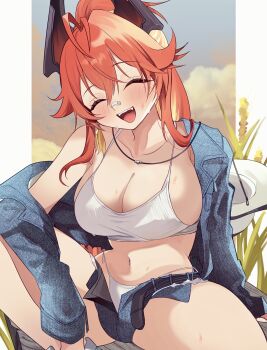 1girl absurdres black_horns camisole closed_eyes commentary_request goddess_of_victory:_nikke highres horns mechanical_horns miko_(uuua12u) official_alternate_costume open_mouth red_hair red_hood_(nikke) smile solo white_camisole