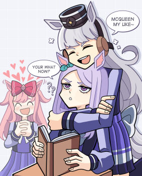 3girls ? ?? agnes_digital_(umamusume) animal_ears aqua_bow blunt_bangs blush bobamiruku book bow bowtie breasts brown_hat closed_eyes desk drooling ear_bow english_text gold_ship_(umamusume) grey_hair hair_bow hair_ornament hat heart highres himejoshi holding holding_book horse_ears horse_girl horse_tail hug hug_from_behind long_hair long_sleeves mejiro_mcqueen_(umamusume) mouth_drool multiple_girls open_mouth pillbox_hat pink_hair purple_bow purple_eyes purple_hair purple_sailor_collar purple_serafuku purple_shirt purple_skirt sailor_collar sailor_shirt school_desk school_uniform serafuku shirt sitting skirt smile speech_bubble tail tracen_school_uniform umamusume white_bow white_bowtie yuri