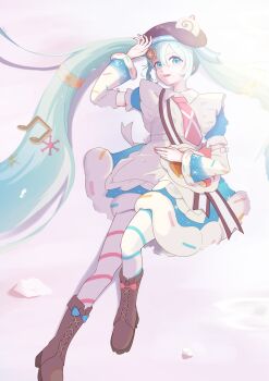 1girl absurdres asymmetrical_legwear blue_bow blue_dress blue_eyes blue_hair blue_pantyhose boots bow brown_boots brown_hat commentary_request cookie_hair_ornament diagonal-striped_pantyhose double-parted_bangs dress food-themed_hair_ornament footwear_bow hair_between_eyes hair_ornament hat hatsune_miku highres long_hair long_sleeves looking_at_viewer lying mismatched_legwear musical_note-themed_food necktie on_back open_mouth pantyhose pink_bow pink_necktie pink_pantyhose simple_background smile snow snowflakes solo striped_clothes striped_pantyhose user_hgxw2457 vocaloid white_background wide_sleeves yuki_miku yuki_miku_(2026)