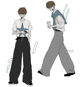 ! !! 1boy :o :q ? aegyo_sal baggy_pants belt black_belt black_pants black_shoes blue_shirt blue_sweater brown_eyes brown_hair collared_shirt commentary cup disposable_coffee_cup disposable_cup earphones fashion from_side full_body grey_pants hair_between_eyes hand_in_pocket highres holding holding_cup holding_phone jinjeocompote looking_at_viewer multiple_views open_mouth original oversized_clothes oversized_shirt pale_skin pants phone print_shirt shirt shirt_tucked_in shoes short_hair sleeves_rolled_up sneakers standing star_(symbol) star_print striped_clothes striped_shirt sweater sweater_around_neck symbol-only_commentary t-shirt tongue tongue_out twitter_username two-tone_shirt vertical-striped_clothes vertical-striped_shirt walking white_background white_shirt