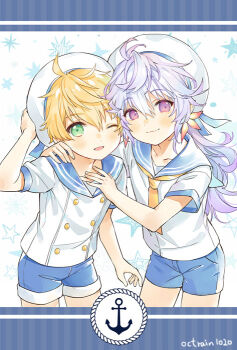 Rule 34 | 2boys, aged down, anchor symbol, arm around shoulder, arthur pendragon (fate), artist name, blonde hair, blue shorts, chocomirukuaji, fate/grand order, fate (series), green eyes, hat, male focus, merlin (fate), multiple boys, neckerchief, one eye closed, purple eyes, purple hair, sailor collar, sailor hat, sailor shirt, shirt, shorts, signature, star (symbol), white hat, yellow neckerchief