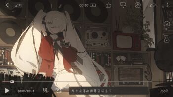 Rule 34 | 1girl, animated, animated gif, black choker, black eyes, black neckerchief, blinking, cassette player, cassette tape, cd case, choker, closed mouth, collared shirt, day, expressionless, hair ornament, highres, holding cassette tape, indoors, jacket, long hair, long sleeves, looking at viewer, neckerchief, original, phonograph, red jacket, shen a fang, shirt, shoes, shorts, sidelocks, sitting, solo, sunlight, television, twintails, very long hair, white hair, white shirt, white shoes