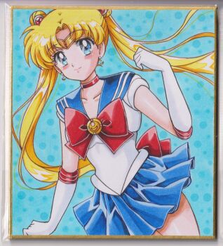 1girl bishoujo_senshi_sailor_moon blonde_hair blue_eyes blue_sailor_collar chikoto_(kztc4472) choker circlet collarbone commentary crescent crescent_earrings double_bun earrings elbow_gloves flower_earrings gloves hair_bun hair_ornament highres jewelry long_hair looking_at_viewer magical_girl red_choker sailor_collar sailor_moon sailor_senshi_uniform skirt smile solo traditional_media tsukino_usagi twintails white_gloves