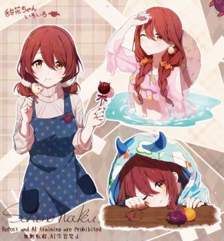 1girl :t aoi_thomas apron arm_up bikini blue_apron braid brown_eyes brown_hair brown_hat brown_sweater commentary_request eating fake_horns food food_on_face hair_between_eyes hair_over_shoulder hands_up hat hat_on_back holding holding_food hood hood_up horned_hood horns idolmaster idolmaster_shiny_colors long_sleeves low_twintails multiple_views navel osaki_tenka partially_submerged pink_bikini print_apron see-through_clothes star_(symbol) star_print straw_hat sweater swimsuit translation_request twin_braids twintails water