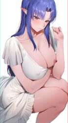 Rule 34 | 1girl, absurdres, blue eyes, breasts, cleavage, collarbone, covered nipples, dress, elf, fate/stay night, fate (series), highres, large breasts, looking at viewer, medea (fate), nipples, pointy ears, rororo, simple background, solo, white background, white dress