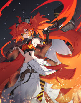 1girl ahoge animal_ears bare_shoulders bear_ears black_gloves breasts crop_top eyepatch fake_animal_ears fingerless_gloves gloves ha_seung hair_between_eyes hair_ornament highres holding koleda_belobog long_hair looking_at_viewer midriff navel pants red_eyes red_hair solo sphere_hair_ornament twintails zenless_zone_zero