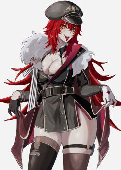 1girl absurdres black_boots black_jacket black_thighhighs boots breasts cleavage fur-trimmed_jacket fur_trim hat highres indie_virtual_youtuber jacket large_breasts long_hair looking_at_viewer meibin military_hat military_jacket military_uniform red_hair smile solo thigh_boots thighhighs tongue tongue_out virtual_youtuber yellow_eyes zentreya zentreya_(commander)