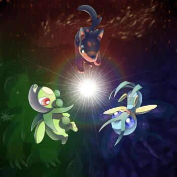 absurdres animal_focus blank_eyes blue_eyes closed_mouth fakemon fang fang_out fangs full_body glowing happy highres hyshirey looking_back looking_down nintendo no_humans official_style open_mouth original pokemon red_eyes sideways_mouth smile standing underlighting upside-down