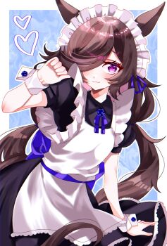 1girl alternate_costume animal_ears apron black_dress blue_ribbon blush brown_hair closed_mouth disney_o626 dress flipped_hair hair_over_one_eye headdress heart highres horse_ears horse_girl horse_tail long_hair looking_at_viewer maid maid_apron maid_headdress purple_eyes ribbon rice_shower_(umamusume) short_sleeves smile solo tail umamusume white_apron white_wrist_cuffs wrist_cuffs