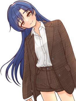 1girl 82k_mugi blue_hair blush brown_jacket brown_shorts closed_mouth collared_shirt cowboy_shot dress_shirt hairband head_tilt highres idolmaster idolmaster_(classic) jacket kisaragi_chihaya lapels long_hair long_sleeves looking_at_viewer notched_lapels open_clothes open_jacket shirt shorts simple_background smile solo standing white_background white_shirt yellow_eyes