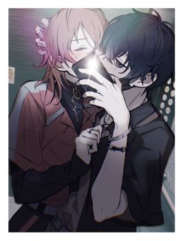18trip 2boys belt black_eyes black_hair black_pants black_shirt border bracelet brown_shirt camera_flash closed_eyes clothes_grab elevator hair_between_eyes hand_on_another&#039;s_head high_collar highres implied_kiss jacket jewelry layered_sleeves long_sleeves male_focus mask mask_pull mole mole_under_eye mouth_mask multiple_boys multiple_moles murakumo_ten nishizono_renga pants red_hair red_jacket ring sakamoto_(pompa) selfie shirt shirt_grab short_hair short_over_long_sleeves short_sleeves surgical_mask sweat upper_body white_belt white_border yaoi zipper