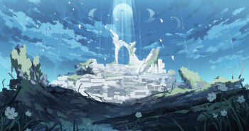 Rule 34 | absurdres, artist name, cloud, commentary request, crescent moon, falling petals, flower, full moon, highres, huge filesize, moon, multiple moons, neon genesis evangelion, no humans, petals, rock, ruins, scenery, teardrops (user vgvd7733), white flower, white petals