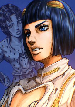 1boy absurdres aged_down black_hair blue_eyes blunt_bangs bob_cut bruno_bucciarati cleavage_cutout clothing_cutout commentary_request dual_persona hair_ornament hairclip hatching_(texture) high_collar highres jacket jojo_no_kimyou_na_bouken kaib0y lips male_focus parted_bangs parted_lips pectoral_cleavage pectorals projected_inset vento_aureo white_jacket zipper zipper_pull_tab