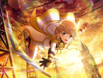 1girl black_gloves boomerang brown_hair building cape epaulettes fingerless_gloves game_cg gloves jacket kobato_ryouko long_sleeves looking_at_viewer midair official_art open_mouth power_lines purple_eyes short_hair shoujo_kageki_revue_starlight shoujo_kageki_revue_starlight_-re_live- solo thighhighs v-shaped_eyebrows white_cape white_jacket white_thighhighs