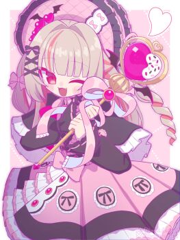 Rule 34 | 1girl, ;d, absurdres, black capelet, black ribbon, black sleeves, blunt bangs, blush stickers, bonnet, border, bow, capelet, chinstrap, colored inner hair, cowboy shot, dress, drill hair, fang, frilled bonnet, frilled capelet, frilled dress, frilled sleeves, frills, grey hair, hair intakes, hair ornament, hair ribbon, heart, heart wand, highres, holding, holding wand, kani3 festival, long hair, long sleeves, looking at viewer, magical girl, makaino ririmu, multicolored hair, nijisanji, official alternate costume, official alternate hairstyle, one eye closed, open mouth, outside border, pink background, pink bow, pink dress, pink hair, pink ribbon, pink streaks, puffy long sleeves, puffy sleeves, red eyes, ribbon, sidelocks, smile, solo, standing, star-shaped pupils, star (symbol), streaked hair, symbol-shaped pupils, twitter username, two-handed, two-tone hair, two side up, virtual youtuber, wand, watermark, white border, white ribbon, winged heart, winged wand, x hair ornament