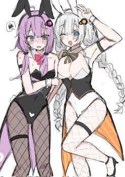 2girls animal_ears aqua_eyes armband black_armband blush bow bowtie braid breasts character_request clothing_cutout commentary commentary_request copyright_request covered_navel detached_collar fake_animal_ears fishnet_pantyhose fishnets hair_between_eyes heart_cutout high_heels highres large_breasts leg_lift long_hair multiple_girls pantyhose playboy_bunny purple_eyes shy simple_background small_breasts standing standing_on_one_leg strap twin_braids twintails upper_body v very_long_hair waimoniku white_background white_hair