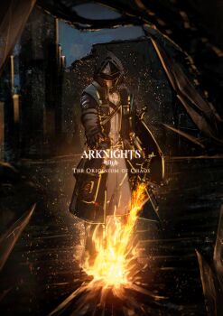 1other absurdres arknights arm_shield black_gloves black_jacket coat commentary copyright_name doctor_(arknights) embers english_commentary english_text fire flaming_sword flaming_weapon full_body gloves highres hood hood_up hooded_jacket jacket night open_clothes open_jacket outstretched_arm planted planted_sword planted_weapon shield solo stairs standing sword sword_on_back tfnfe_sach weapon weapon_on_back white_coat