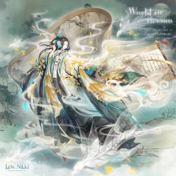 1girl aqua_flower artist_request beads black_hair black_skirt branch carnation character_name chinese_clothes circlet closed_mouth copyright_logo dragon eastern_dragon english_text eyeshadow floating_hair flower fog full_body full_moon hair_beads hair_flower hair_ornament hair_rings hand_in_own_hair hanfu happy highres lipstick logo long_hair long_sidelocks long_skirt long_sleeves looking_at_viewer makeup marking_on_cheek mascara miracle_nikki moon mountain night nikki_(series) official_art outdoors outline outstretched_hand petals pleated_skirt red_lips robe scroll sidelocks skirt smile smoke solo standing third-party_source very_long_hair white_flower white_hanfu white_outline white_robe wide_sleeves wind world_in_dream_(miracle_nikki) yellow_eyes yellow_eyeshadow yellow_flower