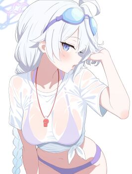 1girl ahoge bikini bikini_under_clothes bikini_visible_through_clothes blue_archive blue_halo braid commentary_request eyewear_on_head goggles goggles_on_head halo hand_in_own_hair highres kakinarchiveman kirino_(blue_archive) kirino_(swimsuit)_(blue_archive) long_hair looking_at_viewer official_alternate_costume purple_bikini see-through_clothes see-through_shirt shirt sideways_glance single_braid solo swim_goggles swimsuit wet wet_clothes wet_shirt whistle whistle_around_neck white_background white_shirt