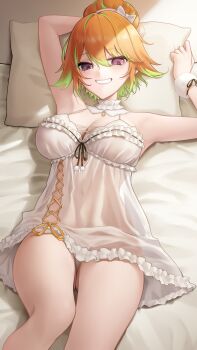1girl absurdres babydoll breasts chemise commentary english_commentary frilled_babydoll gluteal_fold green_hair green_highlights hair_bun highres hololive hololive_english holomyth lace-trimmed_nightgown large_breasts looking_at_viewer lying multicolored_hair official_alternate_costume official_alternate_hairstyle on_back on_bed orange_hair paid_reward_available panties pillow purple_eyes see-through_babydoll see-through_clothes smile solo somebody_(leiking00) takanashi_kiara takanashi_kiara_(cozy) two-tone_hair underwear virtual_youtuber white_babydoll white_chemise white_panties