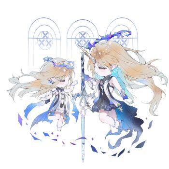 2girls absurdres bare_shoulders black_dress blonde_hair blue_hair blue_hands breasts cartethyia_(wuthering_waves) chibi closed_eyes closed_mouth colored_extremities colored_inner_hair commentary_request crown_of_thorns derivative_work dress dual_persona earrings fleurdelys_(wuthering_waves) highres horns jewelry large_breasts long_hair multicolored_hair multiple_earrings multiple_girls pointy_ears revision shigureszku single_horn sword tabard tacet_mark_(wuthering_waves) weapon white_tabard wuthering_waves yellow_horns