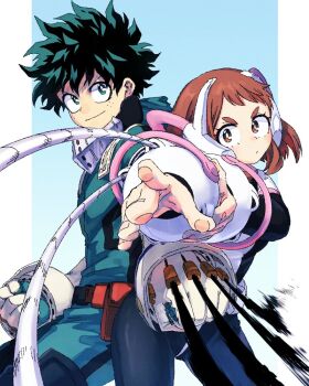 1boy 1girl back-to-back black_bodysuit blue_background bodysuit boku_no_hero_academia border breasts brown_eyes brown_hair cowboy_shot fighting_stance freckles furrowed_brow gloves green_bodysuit green_eyes green_hair headset hk_(nt) looking_at_viewer medium_breasts medium_hair midoriya_izuku outstretched_hand short_hair smile superhero_costume thick_eyebrows uraraka_ochako white_border white_gloves