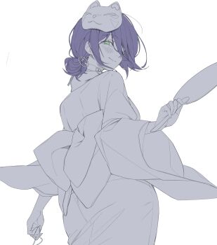 1girl blush chainsaw_man closed_mouth fox_mask green_eyes greyscale hand_fan highres holding holding_fan japanese_clothes kimono long_hair long_sleeves looking_at_viewer looking_back mask mask_on_head monochrome nine_(kanine41) partially_colored purple_hair reze_(chainsaw_man) sash simple_background smile solo standing white_background wide_sleeves