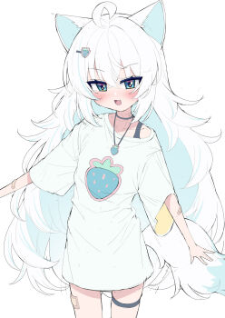 1girl :d ahoge animal_ear_fluff animal_ears bandaid bandaid_on_arm bandaid_on_leg blue_eyes blush fang hair_ornament hairclip highres jewelry long_hair long_shirt looking_at_viewer metaljelly multicolored_hair necklace no_pants off_shoulder open_mouth original oversized_clothes oversized_shirt shirt short_sleeves simple_background smile solo tail thigh_strap very_long_hair white_background white_hair white_shirt