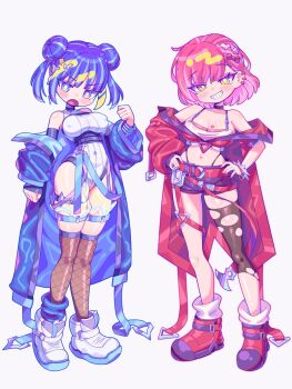 2girls bare_shoulders belt black_choker blue_coat blue_eyes blue_hair blue_nails blush boots breasts bright_pupils chest_belt choker cleavage clenched_hands coat commentary_request contrapposto covered_erect_nipples covered_navel crop_top double_bun duel_monster ear_piercing earrings evil_twin_ki-sikil evil_twin_ki-sikil_(alternate_art) evil_twin_lil-la evil_twin_lil-la_(alternate_art) eyeshadow fishnet_thighhighs fishnets full_body green_eyes grin hair_bun hair_ornament hands_on_own_hips head_tilt highleg highleg_leotard highleg_panties highres hyeonin_gentora jacket jacket_partially_removed jewelry ki-sikil_(yu-gi-oh!) korean_commentary large_breasts leotard lil-la_(yu-gi-oh!) lipstick_mark lipstick_mark_on_breast looking_at_viewer makeup medium_hair midriff multiple_girls multiple_piercings navel official_alternate_costume open_clothes open_coat open_mouth panties panty_straps piercing pink_belt pink_coat pink_hair pink_nails ribbed_leotard short_shorts shorts simple_background smile spiked_wristband taut_leotard thigh_strap thighhighs torn_clothes torn_thighhighs triangle_o-ring underwear white_background white_leotard wide_hips yu-gi-oh!