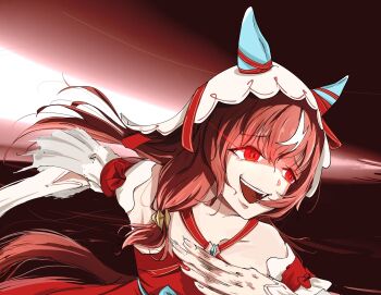 1girl animal_ears bow brown_hair detached_sleeves ear_covers ear_ribbon from_side glowing glowing_eyes hair_between_eyes highres horse_ears horse_girl horse_tail long_hair looking_ahead multicolored_hair pakarappakaratt red_eyes red_ribbon ribbon running single_polished_nail solo still_in_love_(scarlet_vow_raiment)_(umamusume) still_in_love_(umamusume) streaked_hair tail umamusume veil white_hair white_streaks white_veil yandere_trance