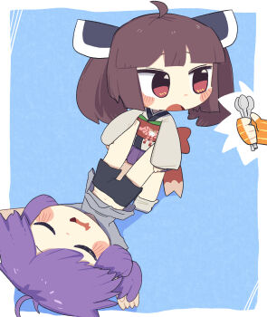 3girls ahoge black_shorts blue_background blunt_bangs blush_stickers border brown_hair chibi chibi_only closed_eyes commentary_request fingerless_gloves full_body gloves grey_shirt headgear highres holding holding_spoon japanese_clothes kimono kizuna_akari konohoshi long_sleeves lying multiple_girls navel on_back open_mouth orange_gloves out_of_frame outside_border pleated_skirt purple_hair purple_skirt red_eyes shirt short_hair shorts simple_background skirt socks spoon striped_clothes striped_gloves touhoku_kiritan vocaloid voiceroid white_border white_kimono white_socks wide_sleeves yuzuki_yukari