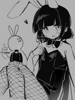 animal_ears black_bow black_bowtie black_pantyhose blush bow bowtie commentary detached_collar drink fishnets hashtag-only_commentary heart highres holding holding_tray looking_at_viewer osage_(nukunuku_nigirimeshi) pantyhose playboy_bunny popo_(amslkkririr) rabbit rabbit_ears sweatdrop tagme tray