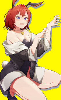 1girl :d absurdres alternate_costume ange_katrina animal_ears bare_legs bare_shoulders black_coat black_leotard black_shoes blue_eyes blush breasts claw_pose cleavage coat commentary_request crossed_bangs double-parted_bangs drop_shadow embarrassed fake_animal_ears fake_tail fang full_body gradient_eyes hair_intakes hair_ornament hands_up high_heels highres jewelry leotard looking_at_viewer medium_hair mikoton multicolored_eyes nijisanji no_socks nose_blush off_shoulder open_mouth pendant playboy_bunny purple_eyes rabbit_ears rabbit_tail red_hair shoes simple_background skin_fang small_breasts smile solo squatting strapless strapless_leotard tail tearing_up triangle_hair_ornament virtual_youtuber yellow_background