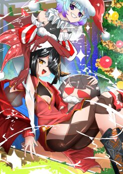 2girls absurdres aqua_hair bare_shoulders bike_shorts black_boots black_hair black_jacket boots breasts brown_eyes brown_shorts christmas_tree cleavage_cutout clothing_cutout collar diamond_cutout dress elbow_gloves fate/grand_order fate_(series) frilled_collar frills fur-trimmed_headwear fur_trim gloves gold_trim grin hair_over_one_eye hat highres jacket kitsunebi44410 knee_boots locusta_(fate) long_sleeves looking_at_viewer mole mole_under_eye multicolored_hair multiple_girls off_shoulder pelvic_curtain puff_and_slash_sleeves puffy_sleeves purple_eyes purple_hair red_dress red_gloves red_hat santa_costume santa_hat sharp_teeth short_hair shorts small_breasts smile teeth two-tone_hair xu_fu_(fate)