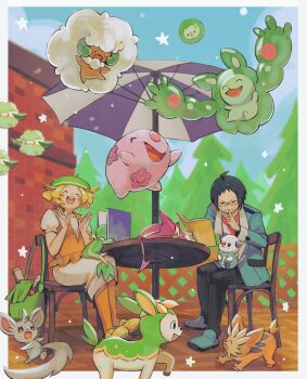 1boy 1girl :d absurdres ahoge beret bianca_(pokemon) black_hair black_pants blonde_hair book border chair cheren_(pokemon) closed_eyes commentary cottonee day deerling finger_to_mouth gen_5_pokemon green_hat hat highres jacket lillipup miiyokoe minccino munna nintendo on_lap open_mouth orange_pantyhose orange_vest oshawott outdoors pants pantyhose pokemon pokemon_(creature) pokemon_bw pokemon_on_lap purrloin reuniclus shoes short_hair shushing sitting smile snivy solosis star_(symbol) table teeth upper_teeth_only vest whimsicott white_border yellow_shoes