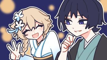 Rule 34 | 1boy, 1girl, alternate costume, aqua kimono, black hair, black haori, black sleeves, blonde hair, blue background, blue feathers, blue flower, blunt ends, blurry, blurry background, braid, braided sidelock, closed eyes, commentary, english commentary, eyeliner, eyeshadow, facing viewer, feather hair ornament, feathers, flower, genshin impact, hair between eyes, hair flower, hair ornament, half up half down braid, hand on own chin, hand up, haori, happy, hetero, highres, japanese clothes, kimono, light blush, long sleeves, looking at another, lumine (genshin impact), makeup, multicolored flower, obi, obijime, open mouth, outline, parted lips, purple eyes, purple pupils, red eyeliner, red eyeshadow, remhotaru, sash, scaramouche (genshin impact), short hair, short hair with long locks, sidelocks, tsurime, w, white flower, white kimono, white mouth, white outline, wispy bangs