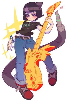 1girl audio_cable audio_jack belt black_hair black_shirt blue_pants blush bob_cut bracelet colored_sclera denim electric_guitar full_body groin guitar hamma highres hip_bones holding holding_instrument instrument jeans jewelry looking_at_viewer multicolored_hair original pants print_shirt purple_eyes purple_hair red_shoes shirt shoes short_hair short_sleeves simple_background sneakers solo sparkle streaked_hair t-shirt white_background
