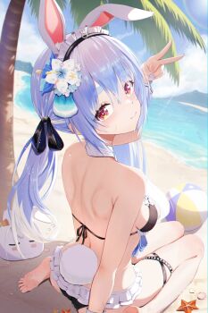 1girl animal_ears ass back ball barefoot beach beachball bikini black_bikini blue_hair blue_sky breasts closed_mouth commentary_request day feet flower frilled_bikini frills hair_flower hair_ornament halterneck highres hololive kei_(keiillustrator) long_hair looking_at_viewer maid maid_bikini maid_headdress ocean official_alternate_costume orange_eyes outdoors partial_commentary pekomon_(usada_pekora) rabbit_ears rabbit_girl rabbit_tail sand sitting sky small_breasts smile soles starfish string_bikini sweat swimsuit tail toes twintails unconventional_maid usada_pekora usada_pekora_(holonatsu_paradise) v virtual_youtuber