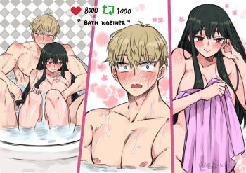 1boy 1girl bath bathing bathroom bathtub black_hair blush breasts couple english_text heart hetero highres long_hair mixed-sex_bathing naked_towel nude open_mouth partially_submerged rusky shared_bathing smile spy_x_family towel wet
