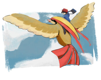 1boy bag beak bird blue_jacket blue_sky calem_(pokemon) cloud dessestuff gen_1_pokemon hat highres jacket nintendo pidgeot pokemon pokemon_(creature) pokemon_xy red_hat riding riding_pokemon shoulder_bag sky