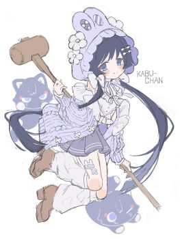 1boy alternate_hair_length alternate_hairstyle bandaid bandaid_on_leg bare_shoulders black_cat black_skirt blunt_ends blush bow brown_shoes cardigan cat character_name closed_mouth commentary_request crossdressing crossdressing_(mtf) crossed_bandaids empty_eyes flower frilled_shirt frills full_body genshin_impact hair_bow hair_flower hair_ornament hair_over_shoulder hat hat_flower highres holding holding_mallet kingyo_(nyankomanjyuu15) leg_warmers long_hair long_sleeves looking_at_viewer low_twintails male_focus mallet neck_ribbon off_shoulder open_cardigan open_clothes pleated_skirt purple_cardigan purple_eyes purple_hood purple_ribbon purple_sleeves ribbed_sleeves ribbed_sweater ribbon scaramouche_(cat)_(genshin_impact) scaramouche_(genshin_impact) scaramouche_(kabukimono)_(genshin_impact) shirt shoes skirt smile solo split_mouth strapless strapless_shirt sweater twintails very_long_hair white_background white_bow white_flower white_leg_warmers white_shirt white_trim wispy_bangs