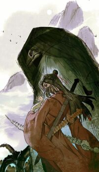 1boy between_fingers bi_xie_jian_(weapon) bird black_hair black_hanfu black_veil bone brown_hair chinese_clothes chinese_commentary cloud coat coin coin_mask coin_sword covered_mouth dao_gui_yi_xian day from_behind hair_bun hair_ribbon half_updo hanfu hidexyz highres holding holding_bone holding_ofuda holding_weapon holed_coin jian_(weapon) li_huowang long_hair long_sleeves looking_at_viewer male_focus mask monster mountain mouth_veil ofuda ofuda_between_fingers outdoors red_coat red_eyes red_ribbon ribbon robe sheath sheathed single_hair_bun skull sky solo spine spine_sword standing sword sword_on_back sword_tassel tassel tentacles veil weapon weapon_on_back wide_sleeves xuan_pin zhuge_yuan_(skeleton)